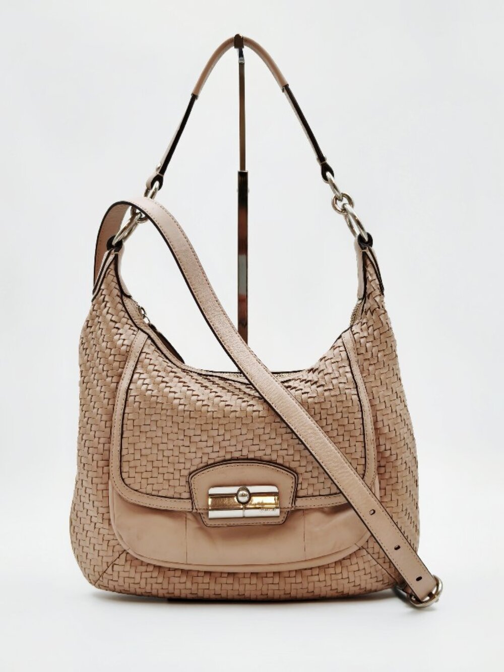 Coach Beige Woven Leather Hobo Shoulder Bag Turnlock Purse